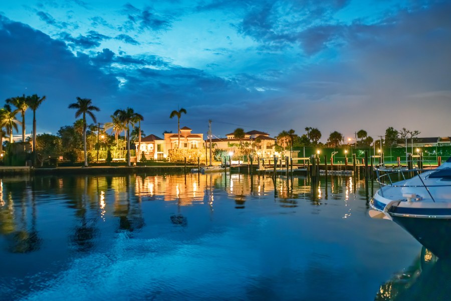 Boca Raton Buildings along Lake Boca Raton at Sunset, Florida